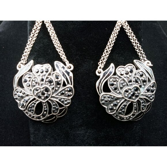 Vintage Silvertone Chain Drop Earrings Black Rhinestone Statement Dangle Gothic - Picture 2 of 14